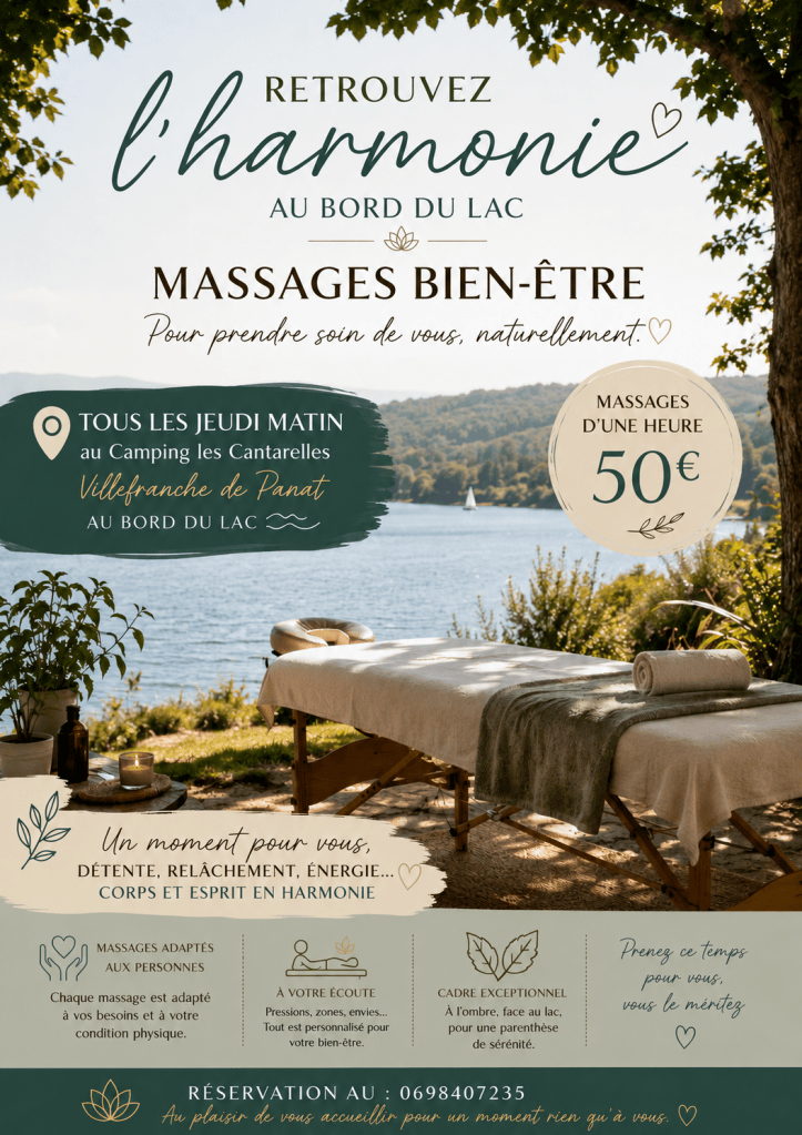 massage lac villefranche de Panat camping les Cantarelles